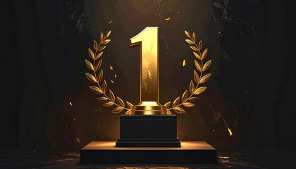 Golden first place trophy with laurel wreath on a rustic wooden table representing victory excellence and winning achievement