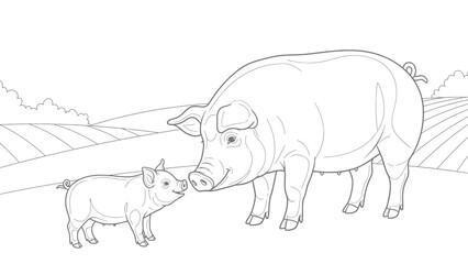 Pig Family Coloring Page with Farm Animal Parent and Piglet for Kids Worksheet