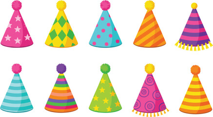 Colorful Party Hat Icon Set with Pom-Poms, Patterns, and Fringe Details for Celebration, Birthday, and Festive Design Themes