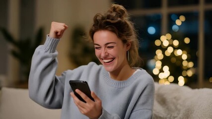 Woman checking her smartphone and cheering as her digital auction bid closes successfully, surrounded by cozy home lighting — representing modern e-commerce participation, online shopping culture, - Powered by Adobe