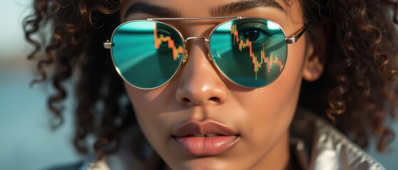 Young woman with curly hair wears stylish sunglasses reflecting stock market charts, showcasing blend of fashion and finance