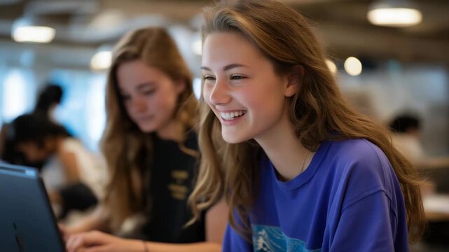 Wide-angle of collaborative workspace filled with laughter, laptops, and digital creativity &mdash; highlighting STEM empowerment, education equality, and the future of community-based learning.
