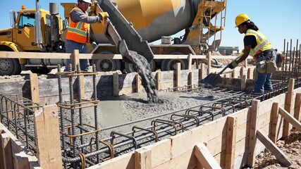 Diverse construction workers pouring concrete into a foundation form. A team of builders working with a cement mixer on a new building site. Teamwork in the construction industry