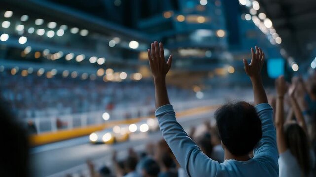 Dynamic image of crowd reacting to cars racing by in blur of motion &mdash; sensory overload of speed, precision, and dedication that fuels racing culture. cinematic color correction, natural uneven