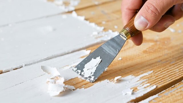close up of a person using a metal scraper to remove peeling white paint from a wooden plank during restoration work
