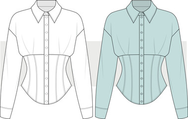 Women's long sleeve shirt with waist corset detail fashion technical drawing, illustration. Shirt vector, front  view. CAD, Mockup.