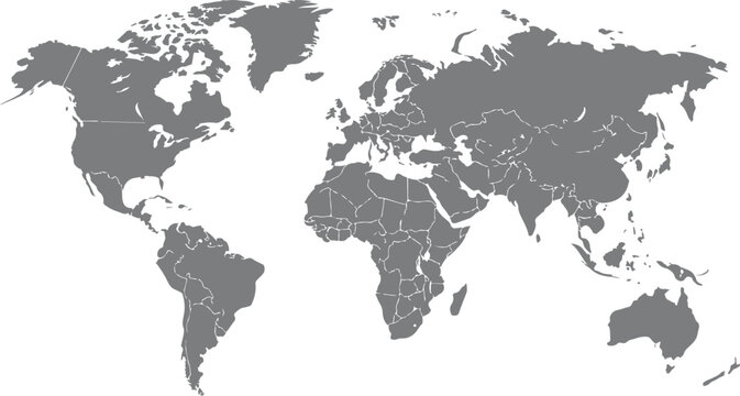 World map template with continents, North and South America, Europe and Asia, Africa and Australia. Illustration of  map of world on transparent background.