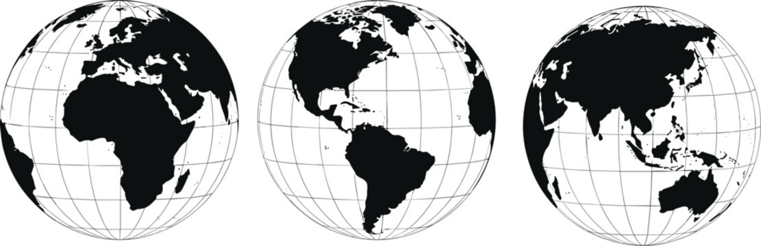 MobileWorld globe views, geographic projection, Earth illustration, CAD style, flat vector, global map, monochrome design, longitude latitude grid, educational graphic, international perspective