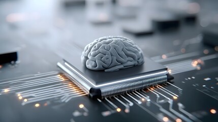 Conceptual image of intelligence with a brain sculpture atop a microchip on a glowing circuit board symbolizing innovation and digital processing