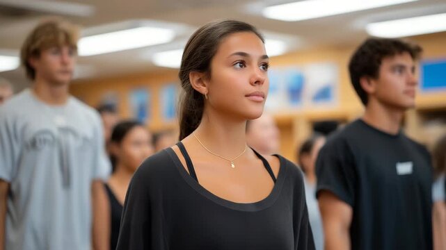 Students participating in an anti-bullying workshop led by a counselor in a bright, inclusive classroom &mdash; emotional safety, student empowerment, and positive school climate. cinematic color