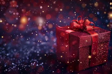 Elegant red gift box with a sparkling ribbon, set against a backdrop of festive bokeh lights, creating a magical christmas atmosphere