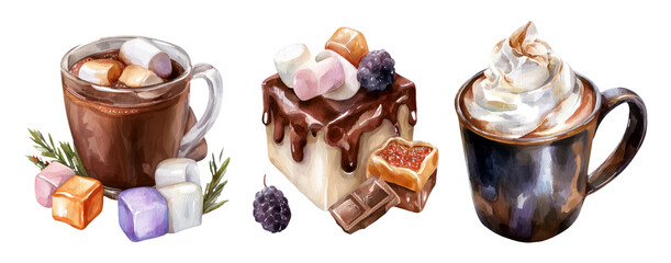 Soft Watercolor Illustration of Indulgent Treats and Cozy Beverages in Sweet Style