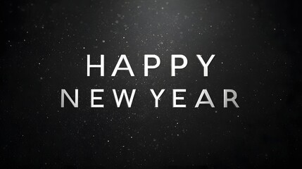 Minimalist white Happy New Year text on a dark grainy background with subtle sparkles