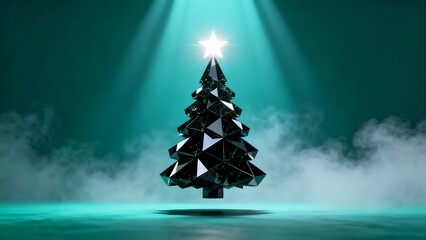 A glowing Christmas tree made of stars shining on a black winter background for a festive holiday greeting