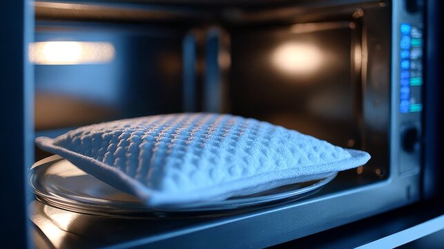 Heating white cloth bag in microwave on glass plate close-up