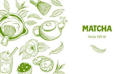 Background with match elements. Teapot, whisk, tea leaves, etc. Hand drawn vector illustration