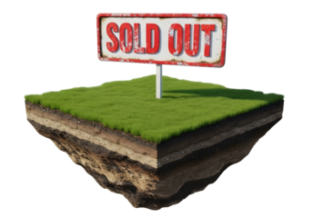 A miniature floating island with a golf course and a red sold stamp isolated on transparent background