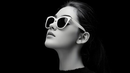 Black and white studio portrait of a fashionable woman wearing white rimmed sunglasses captured in profile looking upward with a chic and sophisticated expression against a dark void