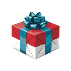 Obraz premium A vibrant gift box wrapped in red and white paper with a striking blue ribbon bow