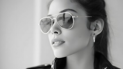Black and white studio portrait capturing a stylish young woman s profile showcasing her aviator sunglasses and confident gaze with soft lighting highlighting her features and accessories