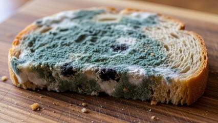 Close-up of moldy bread with green, white, and black fungal growth on crusty surface. Food spoilage, microbiology, hygiene education, and health risk awareness.
