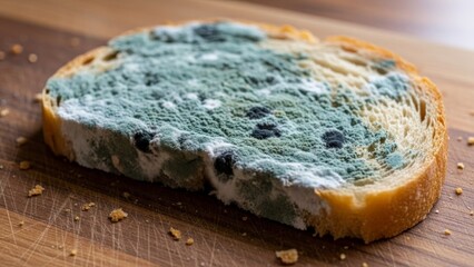 Close-up of moldy bread with green, white, and black fungal growth on crusty surface. Food spoilage, microbiology, hygiene education, and health risk awareness.