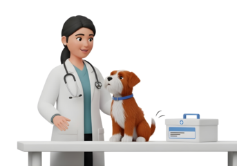 Female veterinarian with dog on examination table isolated on transparent background