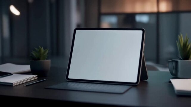 Tablet Mockup Video &ndash; Dark Desk Workspace with Blank Screen

