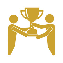 Two people holding a trophy together