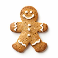 Gingerbread man cookie decorated with white sugar icing lying on white background