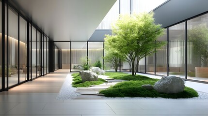 Contemporary interior space overlooking a tranquil Japanese inspired Zen garden with vibrant green moss natural stones wooden stepping paths and a delicate tree bathed in soft light