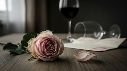 Romantic pink rose with wine glasses on a wooden table setting