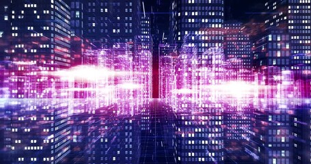 High tech digital city grid animation transitioning to server room view. Digital virtual world 3D concept animation. - Powered by Adobe
