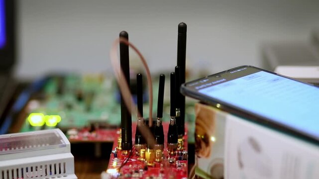 Wireless Communication Module with Antennas and Smartphone in Technology Lab