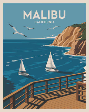 Malibu California beach poster landscape created as a vector illustration with minimalist style