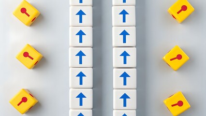 Logic Grid – Abstract Puzzle of Directional Arrows and Keyhole Blocks in Symmetrical Columns, logic, abstract, puzzle, arrows, keyhole, grid, symmetry, direction, coding, background