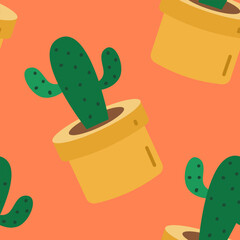 Seamless Pattern Cute Cactus in Pots Flat Design on Orange Background