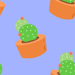 Seamless Pattern Cute Cactus in Pots Flat Design on Purple Background