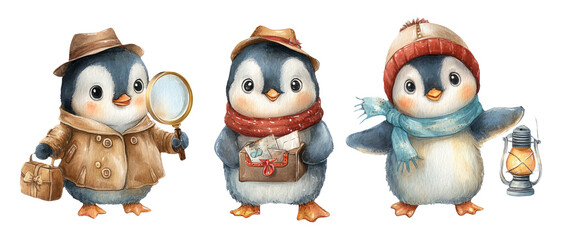 Fototapeta premium Whimsical Detective Penguins in Noir Style Watercolor Illustration