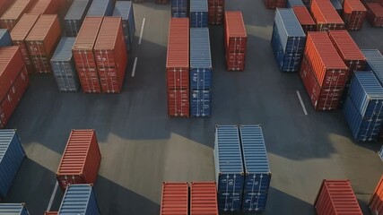 Aerial drone shot overlooking a vast shipping container terminal with numerous red and blue cargo containers representing global logistics and international trade - Powered by Adobe