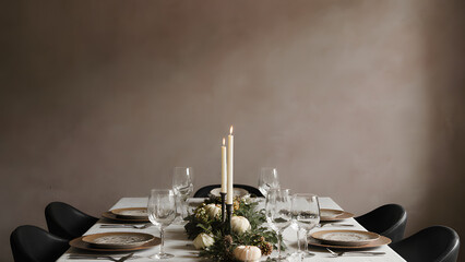 Minimalist Modern Dinner Table Setting with Candles and Flowers for Elegant Holiday Gatherings