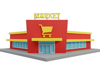 Stylized market building with shopping cart sign isolated on transparent background