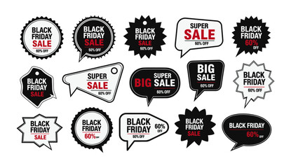 Collection of black friday sale and discount badges and labels