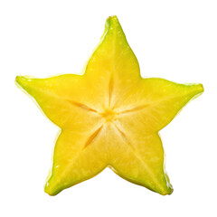 Fototapeta premium Fresh ripe yellow slice of star fruit carambola. Juicy healthy food with vibrant, appealing star shape