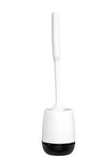 Modern white toilet brush with black base in holder isolated on transparent background