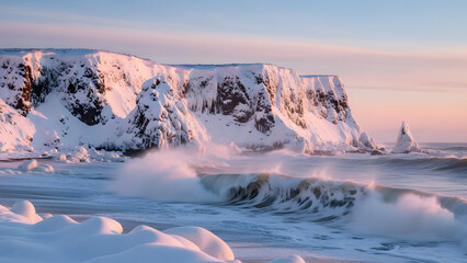 Breathtaking winter ocean scene with majestic snow-covered cliffs bathed in the warm glow of sunrise, powerful waves crashing on the pristine white beach creating a dynamic and serene landscape