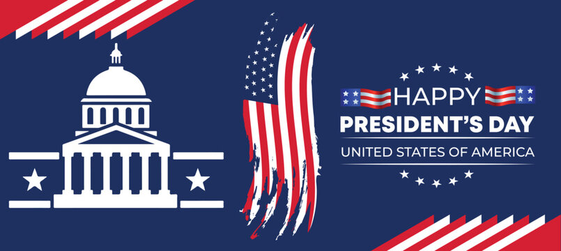 Happy Presidents Day Patriotic Banner with Capitol Building and American Flag Elements, USA National Holiday Vector Design