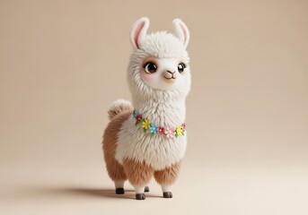 Naklejka premium Cute and Fluffy Cartoon Llama with Colorful Flower Necklace on Beige Background