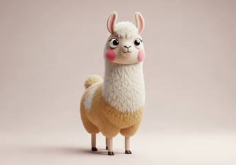 Fototapeta premium Cute cartoon llama character with fluffy fur and playful expression on soft neutral background