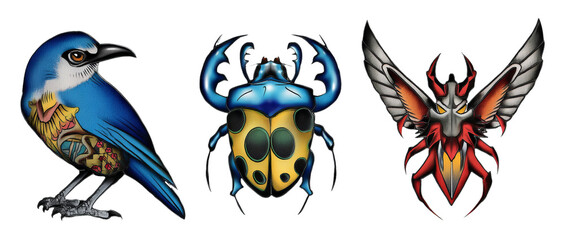 Fototapeta premium Colorful Illustrative Guardian Symbols Featuring Bird, Beetle, and Insect Designs